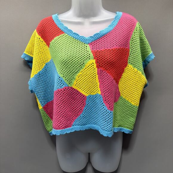 Ces Femme Crop Top Open Knit Oversized Cap Sleeve Sweater Size Medium - Picture 1 of 6